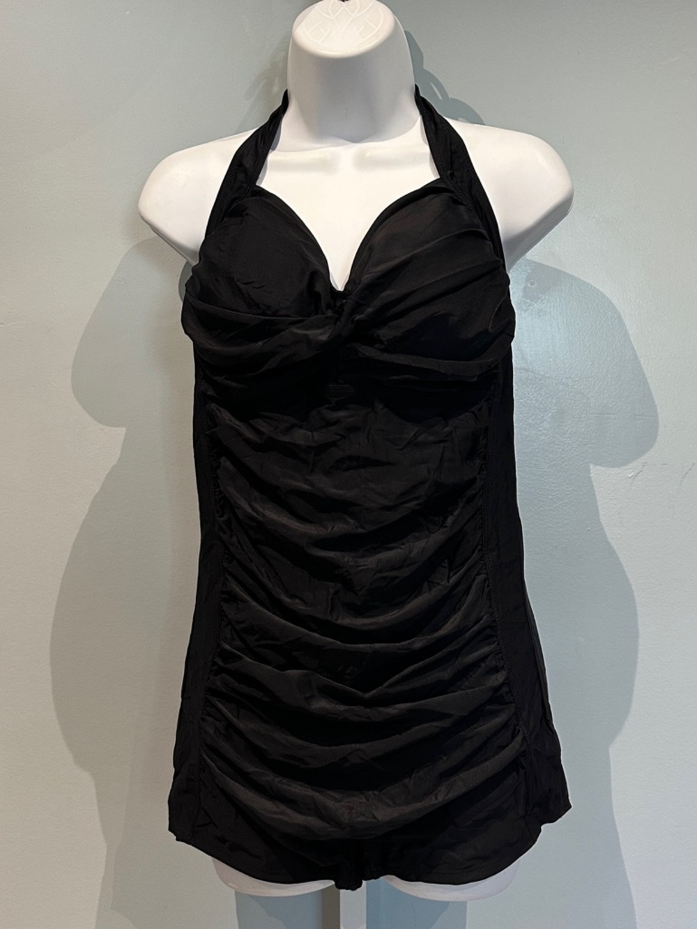 Black One-Piece Ruching Halter Swimdress Romper Large NWOT